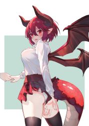 Rule 34 | 1girl, absurdres, accidental exposure, adjusting clothes, arm behind back, ass, blue background, blush, breasts, clothes lift, covering privates, cowboy shot, dragon girl, dragon tail, dragon wings, dress shirt, embarrassed, from behind, grea (shingeki no bahamut), hair between eyes, holding hands, highres, horns, large breasts, long sleeves, looking back, mushi (1756559585), nape, open hand, open mouth, palms, panties, pantyshot, plaid, plaid skirt, pleated skirt, pointy ears, purple hair, red eyes, red skirt, shingeki no bahamut, shirt, shirt tucked in, short hair, simple background, skirt, skirt hold, skirt lift, solo, tail, tented shirt, thighhighs, underwear, uniform, white panties, white shirt, wings, zettai ryouiki