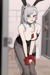 Rule 34 | 1girl, absurdres, animal ears, bare shoulders, between breasts, black leotard, blue eyes, blurry, blurry foreground, blush, borrowed character, breasts, cleavage, detached collar, fake animal ears, feet out of frame, glint, grey hair, highres, indoors, leotard, long hair, maid (gogalking), maid headdress, medium breasts, original, parted lips, playboy bunny, ponytail, rabbit ears, red ribbon, ribbon, rusellunt, smile, solo, strapless, strapless leotard, very long hair