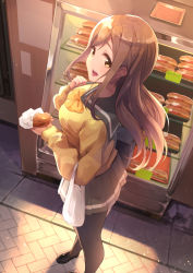 Rule 34 | 1girl, :d, bag, black footwear, bow, breasts, brown hair, commentary, cowengium, facing to the side, food, grey sailor collar, grey skirt, highres, holding, holding food, kunikida hanamaru, large breasts, light particles, long hair, long sleeves, looking at viewer, love live!, love live! sunshine!!, open mouth, orange neckwear, outdoors, pantyhose, plastic bag, pleated skirt, sailor collar, sandwich, school bag, school uniform, serafuku, skirt, smile, solo, standing, sweater, uranohoshi school uniform, yellow eyes, yellow sweater