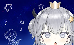 Rule 34 | 1girl, capriccio, chestnut mouth, commentary request, crown, eighth note, eyebrows hidden by hair, grey eyes, hair between eyes, hair ornament, holding, holding instrument, horns, instrument, kapu rinko, looking at viewer, mini crown, musical note, open mouth, original, sailor collar, school uniform, serafuku, shirt, silver hair, star (symbol), star hair ornament, two side up