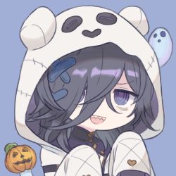 Rule 34 | 1girl, bags under eyes, black hair, blue background, eno (preno gb), ghost, granblue fantasy, hair ornament, hair over one eye, hood, hood up, hooded robe, jack-o&#039;-lantern, lich (granblue fantasy), lich (halloween) (granblue fantasy), long hair, looking at viewer, open mouth, purple eyes, ringed eyes, robe, sharp teeth, simple background, sleeves past fingers, sleeves past wrists, smile, solo, teeth, upper body, white robe
