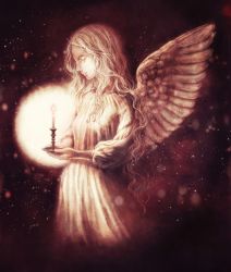 Rule 34 | 1girl, absurdres, angel, angel wings, artist name, bad id, bad pixiv id, black background, candle, candlelight, christmas, cowboy shot, feathered wings, highres, holding, light particles, long hair, long sleeves, looking away, looking down, nightgown, original, realistic, simple background, solo, very long hair, wavy hair, wings, yazukohori
