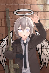 Rule 34 | 1girl, ahoge, angel wings, black necktie, bolt action, brick wall, cheytac m200, collared shirt, commentary request, fake halo, fake wings, girls&#039; frontline, grey hair, gun, hair between eyes, halo, highres, jacket, long sleeves, m200 (girls&#039; frontline), necktie, purple eyes, rifle, shirt, short hair, sniper rifle, solo, weapon, white shirt, wings, yu 416416