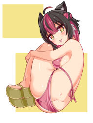 Rule 34 | 1girl, :p, ahoge, animal ears, ass, back, bikini, breasts, brown footwear, butt crack, cat ears, cat girl, cat tail, commentary, cougar (cougar1404), dimples of venus, fetal position, halterneck, hugging own legs, leo (cougar1404), looking at viewer, medium breasts, multicolored hair, original, pink bikini, pink hair, sandals, short hair, solo, streaked hair, swimsuit, tail, tongue, tongue out, two-tone hair, yellow eyes