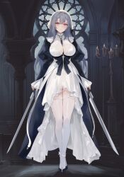 Rule 34 | 1girl, blush, breasts, chowbie, commentary, cross, dress, dual wielding, english commentary, full body, grey hair, holding, holding weapon, indoors, large breasts, latin cross, long hair, long sleeves, looking at viewer, night, nun, original, parted lips, red eyes, standing, thighhighs, weapon, white dress, white thighhighs