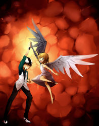 Rule 34 | 10s, 1boy, 1girl, :d, angel, angel wings, asymmetrical wings, barefoot, black hair, blonde hair, blue eyes, borrowed character, cassie (acerailgun), cyborg, dress, explosion, facial hair, feathered wings, feathers, fuyuki yuki, grin, high five, highres, kaburagi t. kotetsu, mechanical arms, mechanical wings, open mouth, original, single mechanical arm, smile, thumbs up, tiger &amp; bunny, vest, watch, wings, wristwatch, yellow eyes