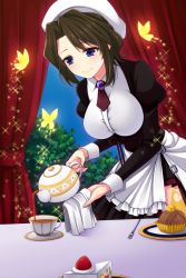 Rule 34 | 07th expansion, 1girl, blue eyes, brown hair, bug, butterfly, cake, cup, curtains, food, fork, fruit, hat, highres, bug, juliet sleeves, long sleeves, maid, no naku koro ni (series), pouring, puffy sleeves, shannon (umineko), smile, sparkle, strawberry, tea, teacup, teapot, umineko no naku koro ni, uzu hi