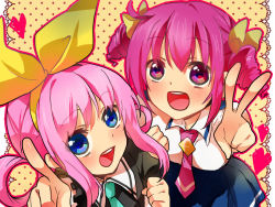 Rule 34 | 10s, 2girls, :d, bad id, bad pixiv id, blue eyes, bow, color connection, crossover, hair ribbon, hairband, happy, heart, hoshizora miyuki, look-alike, multiple girls, necktie, open mouth, pink eyes, pink hair, pink necktie, pointing, precure, ribbon, sherlock shellingford, short hair, short twintails, smile, smile precure!, tantei opera milky holmes, twintails, v, yamabukiiro, yellow background