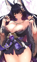 Rule 34 | 1girl, ahoge, animal ears, azur lane, bare shoulders, blush, breasts, cleavage, closed mouth, electricity, facial mark, fox ears, fur trim, gluteal fold, groin, hair ornament, hands up, highres, holding, holding hair, japanese clothes, jewelry, kimono, large breasts, long hair, looking at viewer, magatama, magatama necklace, musashi (azur lane), necklace, no panties, ryoutsu, short kimono, solo, thighs, very long hair, wide sleeves, yellow eyes