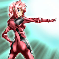 Rule 34 | ass, biker clothes, bikesuit, blue eyes, bodysuit, hand on own hip, hip focus, pink hair, short hair, tsan dire, yu-gi-oh!, yu-gi-oh! 5d&#039;s, yu-gi-oh! 5d&#039;s tag force, yu-gi-oh! tag force