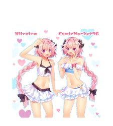 Rule 34 | 1boy, astolfo (fate), astolfo (sparkling frills) (fate), bare arms, bare shoulders, bikini, bikini skirt, black bow, blush, bow, braid, collarbone, commentary request, fang, fate/apocrypha, fate (series), hair bow, hair intakes, hair ribbon, highres, hiiro yuya, long braid, long hair, looking at viewer, male focus, multicolored hair, multiple views, navel, off-shoulder bikini, off shoulder, official alternate costume, open mouth, pink hair, purple eyes, ribbon, single braid, smile, standing, streaked hair, swimsuit, trap
