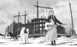 Rule 34 | 1girl, cable, cloud, cloudy sky, construction, crane (machine), dog, electric guitar, greyscale, guitar, hammer and sickle, instrument, jacket, long hair, long skirt, monochrome, open clothes, open jacket, original, outdoors, pomodorosa, russian text, skirt, sky, snow, solo, utility pole