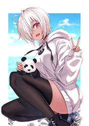 Rule 34 | ahoge, black footwear, black thighhighs, blurry, boots, border, breasts, chinese commentary, choker, commentary request, cross-laced footwear, dark skin, depth of field, fang, hair over eyes, hair over one eye, highres, hood, hoodie, koissa, lace-up boots, large breasts, long bangs, long hoodie, original, panda, red eyes, skindentation, sky, thighhighs, v, white hair, white hoodie, zettai ryouiki