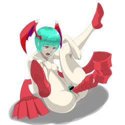 Rule 34 | 1girl, anus, aqua hair, bar censor, blush, bob cut, breasts, censored, colored eyelashes, colored pubic hair, colored skin, demon girl, female masturbation, female pubic hair, full body, half-closed eyes, head wings, high heels, kneepits, knees to chest, lilith aensland, masturbation, mono (monotonerhythm), nipples, nude, object insertion, open mouth, pale skin, pubic hair, red eyes, red footwear, shoes, short hair, small breasts, solo, vaginal, vaginal object insertion, vampire (game), white skin, wings