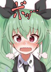 Rule 34 | 10s, 1girl, :d, absurdres, anchovy (girls und panzer), blush, brown eyes, commentary request, elbow gloves, girls und panzer, gloves, green hair, hair ribbon, highres, long hair, looking at viewer, okitsugu, open mouth, ribbon, smile, solo, translation request, twintails