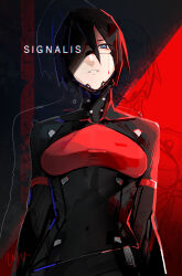 Rule 34 | 1girl, android, black hair, black skin, blood, bloody tears, blue eyes, breasts, colored skin, commentary request, copyright name, covered navel, distortion, elster (signalis), injury, mechanical parts, medium breasts, metal skin, one eye covered, shirousagi uyu, short hair, signalis, signature, solo, standing