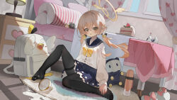 Rule 34 | 1girl, absurdres, animal, backpack, bag, bed, bird, black pantyhose, black sailor collar, black skirt, blue archive, cake, cake slice, cardigan, chinese commentary, commentary, cup, curtains, floor, food, full body, hair between eyes, halo, hifumi (blue archive), highres, indoors, kele mimi, lamp, light brown hair, long hair, long sleeves, low twintails, milk, no shoes, pantyhose, peroro (blue archive), pillow, pleated skirt, sailor collar, skirt, solo, spilled milk, twintails, white cardigan, window, yellow eyes, yellow halo