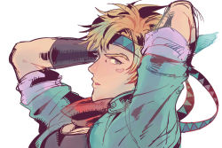 Rule 34 | 1boy, arms behind head, bad id, bad pixiv id, battle tendency, blonde hair, blue jacket, caesar anthonio zeppeli, facial mark, feather hair ornament, feathers, fingerless gloves, gloves, green eyes, hair ornament, headband, jacket, jojo no kimyou na bouken, male focus, portrait, profile, purple eyes, ribbon, scarf, simple background, solo, tosaka-maru, white background