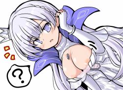 Rule 34 | 1girl, ?, accidental exposure, areola slip, argus (azur lane), azur lane, blue eyes, braid, breast focus, breasts, cleavage, cleavage cutout, clothing cutout, clueless, crown, dress, dutch angle, exposing self, grey hair, jewelry, large breasts, long hair, looking at viewer, mini crown, necklace, notice lines, open mouth, solo, spoken question mark, tilted headwear, tsuzuri (tuzuri), white dress
