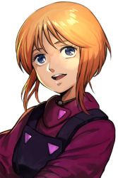 Rule 34 | 1girl, blue eyes, elpeo puru, gundam, gundam zz, hungry clicker, looking at viewer, open mouth, orange hair, short hair, simple background, smile, solo, white background