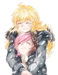 Rule 34 | 2girls, check commentary, coat, commentary request, closed eyes, height difference, highres, hug, hug from behind, multicolored hair, multiple girls, neo politan, rwby, snowing, split-color hair, tl (xdd), yang xiao long, yuri