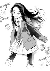 Rule 34 | 1girl, alternate costume, animal, asirpa, closed mouth, collared shirt, cropped legs, floating hair, golden kamuy, greyscale, hairband, highres, jacket, long hair, long sleeves, looking at viewer, loose socks, monochrome, musical note, necktie, noeardog, open clothes, open jacket, pleated skirt, shirt, skirt, sleeves past wrists, smile, socks, solo, star (symbol)