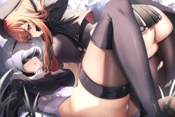 Rule 34 | 2b (nier:automata), 2girls, absurdres, arm up, beret, black choker, black gloves, black headwear, black leotard, black thighhighs, blush, boots, breasts, brown hair, choker, collared shirt, crossover, eiryu33, gloves, goddess of victory: nikke, hat, highres, ishikawa yui, large breasts, leotard, long hair, long sleeves, multiple girls, necktie, nier:automata, nier (series), parted lips, rapi (nikke), red necktie, shirt, short hair, thigh boots, thighhighs, thighs, voice actor connection, white hair