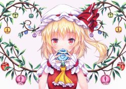 Rule 34 | 1girl, apple, ascot, blonde hair, blush, crystal, flandre scarlet, food, frilled shirt collar, frills, fruit, hat, hat ribbon, kittona, looking at viewer, mob cap, puffy short sleeves, puffy sleeves, red eyes, red ribbon, ribbon, short sleeves, side ponytail, solo, touhou, traditional media, upper body, watercolor pencil (medium), wings, wrist cuffs