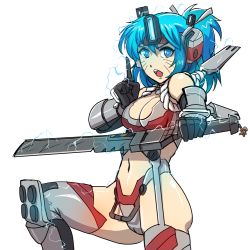 Rule 34 | 1girl, armor, bare shoulders, blue eyes, blue hair, breasts, cleavage, electricity, electrokinesis, facial mark, gloves, helmet, hmage, index finger raised, mecha, mecha musume, navel, open mouth, personification, robot, ronin (titanfall 2), simple background, sword, thighhighs, titan (titanfall), titanfall, titanfall (series), titanfall 2, transparent background, weapon, whisker markings