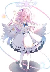 Rule 34 | 1girl, angel wings, black footwear, blue archive, blue bow, blue flower, bow, bow legwear, capelet, crescent, cross, dress, feathered wings, flower, frilled ribbon, frills, full body, gradient hair, hair bun, hair flower, hair ornament, hair ribbon, halo, high heels, highres, long hair, looking at viewer, low wings, mika (blue archive), multicolored hair, open mouth, pantyhose, pigeon-toed, pink hair, pumps, ribbon, salute, simple background, single side bun, smile, solo, sparkle, star (symbol), two-finger salute, umidemi, underbust, very long hair, white background, white capelet, white dress, white pantyhose, white ribbon, white wings, wings, yellow eyes