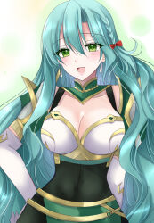 Rule 34 | 1girl, :d, aqua hair, blush, bow, breasts, chloe (fire emblem), cleavage, commentary, earrings, elbow gloves, fire emblem, fire emblem engage, gloves, green eyes, hair between eyes, hair bow, highres, jewelry, kirishima riona, large breasts, long hair, looking at viewer, nintendo, open mouth, red bow, smile, solo, upper body, very long hair, white gloves