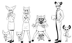 Rule 34 | 1boy, 2girls, :3, absurdres, aggressive retsuko, animal ears, belt, collared shirt, cowlick, emphasis lines, facing to the side, facing viewer, fenneko, fox ears, fox girl, fox tail, freckles, full body, furry, gegegekman, haida (aggretsuko), hair between eyes, hand in pocket, highres, holding, holding microphone, holding paper, holding phone, humanization, hyena boy, microphone, monochrome, multiple girls, multiple views, office lady, paper, parted bangs, phone, raised eyebrow, retsuko, screaming, sharp teeth, shirt, shoes, skirt, tail, teeth, underbite