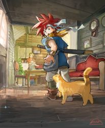 Rule 34 | 1boy, 1girl, apron, aretokasoretoka, blonde hair, blue eyes, blue tunic, boots, bracer, cabinet, cat, chair, chrono trigger, clock, couch, crono&#039;s mother, crono (chrono trigger), dress, grey pants, headband, highres, house plant, indoors, kitchen, long hair, looking back, male focus, mother and son, neckerchief, open mouth, orange dress, pants, picture frame, plate, red hair, spiked hair, sword, table, weapon, white headband, window, wooden floor, yellow neckerchief