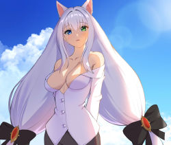 Rule 34 | 1girl, animal ears, arms behind back, bad id, bad pixiv id, bare shoulders, black bow, blue eyes, blue sky, blush, bow, breasts, cat ears, cleavage, cloud, collarbone, commission, crying, crying with eyes open, day, green eyes, hair bow, heterochromia, highres, large breasts, long hair, long sleeves, looking at viewer, low-tied long hair, low twintails, no bra, off shoulder, open clothes, open shirt, original, outdoors, parted lips, shirt, sidelocks, silver hair, sky, smile, solo, streaming tears, tears, twintails, upper body, very long hair, wangjook (wj), white shirt