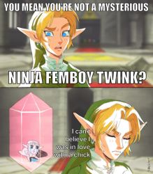Rule 34 | 1boy, 1girl, 2koma, :d, artist name, blonde hair, blurry, blurry background, blush, closed eyes, comic, earrings, english text, green headwear, highres, indoors, jewelry, link, meme, nintendo, open mouth, parted bangs, pointy ears, portrait, princess zelda, shirt, short hair, skelinor, smile, teeth, the legend of zelda, the legend of zelda: ocarina of time, triforce, upper teeth only, white shirt