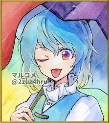 Rule 34 | 1girl, 2zuz4hru, ;p, artist name, blue hair, blue vest, buttons, dress, looking at viewer, one eye closed, painting (medium), portrait, red eyes, short hair, solo, tatara kogasa, tongue, tongue out, touhou, traditional media, twitter username, umbrella, vest, watercolor (medium), white dress