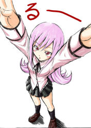 Rule 34 | 00s, \o/, arms up, foreshortening, from above, lucy maria misora, outstretched arms, pink hair, red eyes, sankaku umako, school uniform, sketch, solo, to heart (series), to heart 2