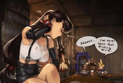 Rule 34 | 1girl, 2boys, bar (place), barret wallace, beer bottle, beer mug, black hair, black skirt, blonde hair, bottle, breasts, cloud strife, commentary, counter, crop top, cup, dark-skinned male, dark skin, dog tags, drinking glass, earrings, elbow gloves, english commentary, english text, closed eyes, fellatio, final fantasy, final fantasy vii, fingerless gloves, gatling gun, glass, gloves, hair tie, holding, holding bottle, indoors, jewelry, jukebox, large breasts, long hair, low-tied long hair, midriff, miniskirt, mug, multiple boys, muscular, muscular male, optionaltypo, oral, prosthesis, seventh heaven, sexually suggestive, shirt, short hair, signature, simulated fellatio, skirt, sleeveless, sleeveless turtleneck, spiked hair, square enix, suspender skirt, suspenders, suspenders gap, tank top, taut clothes, tifa lockhart, turtleneck, wet, wet clothes, wet shirt, white tank top