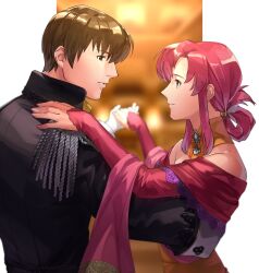 1boy 1girl asagi_(banzoku210) ascot ballroom ballroom_dancing black_coat blurry blurry_background border brown_eyes brown_hair choker closed_mouth coat couple curtained_hair dancing dress epaulettes ethlyn_(fire_emblem) ethlyn_(masquerade)_(fire_emblem) fire_emblem fire_emblem:_genealogy_of_the_holy_war fire_emblem_heroes folded_ponytail from_side gloves hair_between_eyes hair_rings hair_tie hand_on_another&#039;s_back hand_on_another&#039;s_shoulder hetero highres holding_hands indoors lace lace-trimmed_dress lace_trim long_sleeves looking_at_another nintendo off_shoulder official_alternate_costume outside_border parted_bangs parted_lips pillarboxed pink_dress pink_eyes pink_hair pink_shawl profile quan_(fire_emblem) quan_(masquerade)_(fire_emblem) sash shawl short_hair sidelocks single_hair_ring sleeves_past_wrists smile upper_body white_border white_gloves yellow_ascot yellow_choker yellow_sash