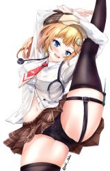 Rule 34 | 1girl, absurdres, arm around leg, arms up, ass, black panties, black thighhighs, blonde hair, blue eyes, breasts, brown skirt, cabbie hat, cleavage, cowboy shot, ebiko yaki, hair ornament, hat, highres, hololive, hololive english, holster, laughing, leg up, long hair, long sleeves, medium breasts, miniskirt, navel, necktie, no bra, panties, partially unbuttoned, plaid, plaid skirt, red necktie, shirt, simple background, skirt, solo, split, standing, standing on one leg, standing split, stethoscope, syringe, syringe holster, thigh holster, thigh strap, thighhighs, thighs, twitter username, underwear, untucked shirt, virtual youtuber, watson amelia, watson amelia (1st costume), white background, white shirt