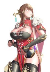 Rule 34 | 1girl, :o, absurdres, ass, beidou (genshin impact), black thighhighs, blush, boots, bottle, breasts, brown hair, capelet, china dress, chinese clothes, cleavage, cleavage cutout, clothing cutout, cork, dress, elbow gloves, eyepatch, fingerless gloves, fur trim, genshin impact, gloves, hair ornament, hairpin, highres, holding, holding bottle, keke (akuringo731), large breasts, long hair, looking to the side, looking up, open mouth, red eyes, side slit, simple background, sleeveless, sleeveless dress, solo, thick thighs, thigh boots, thighhighs, thighs, white background, wine bottle