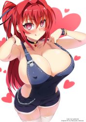 Rule 34 | 10s, 1girl, :p, :q, bare shoulders, blush, breasts, choker, cleavage, collarbone, covered erect nipples, cowboy shot, gaston18, hair intakes, heart, highres, huge breasts, jewelry, large breasts, long hair, looking at viewer, naked overalls, naruse mio, nipples, ookuma nekosuke, overalls, pink eyes, red hair, shinmai maou no testament, simple background, sleeveless, solo, standing, thighhighs, tongue, tongue out, white background