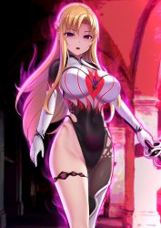 Rule 34 | 1girl, absurdres, alternate eye color, asuna (sao), blonde hair, blurry, blurry background, bodysuit, braid, breasts, commentary request, corruption, covered navel, cowboy shot, dark persona, elbow gloves, energy, gloves, groin, hair ornament, highres, holding, holding sword, holding weapon, impossible clothes, large breasts, leotard, long hair, long sleeves, looking at viewer, miyashiro ryuutarou, open mouth, parted bangs, pink eyes, revealing clothes, single leg pantyhose, skin tight, solo, sword, sword art online, thigh strap, weapon, white gloves
