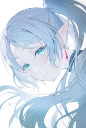 Rule 34 | 1girl, commentary request, crying, crying with eyes open, earrings, elf, frieren, green eyes, grey hair, highres, jewelry, nobusawa osamu, parted bangs, parted lips, pointy ears, simple background, solo, sousou no frieren, tears, twintails, white background