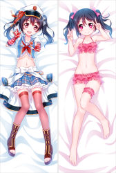 Rule 34 | 10s, 1girl, arms up, bakugadou, bare arms, bare legs, bare shoulders, barefoot, bed sheet, bikini, black hair, blue skirt, blush, boots, bow, breasts, bridal garter, closed mouth, clothes around waist, collarbone, dakimakura (medium), double v, eyebrows, fingerless gloves, frilled bikini, frilled skirt, frills, full body, gloves, hair bow, hair ribbon, hat, long hair, looking at viewer, love live!, love live! school idol project, lying, m/, midriff, multiple views, navel, neckerchief, on back, open mouth, peaked cap, pink bikini, pink bow, pink thighhighs, plaid, plaid skirt, red eyes, red gloves, red ribbon, ribbon, school uniform, serafuku, short sleeves, skirt, small breasts, smile, stomach, striped clothes, striped gloves, swimsuit, thighhighs, toes, twintails, v, white bow, yazawa nico, zettai ryouiki
