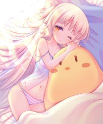 Rule 34 | 1girl, azur lane, babydoll, bed sheet, blush, breasts, cleavage, collarbone, commentary, light brown hair, long hair, lying, medium breasts, mole, mole under eye, navel, on side, one eye closed, orange eyes, panties, parted lips, pillow, sakurato ototo shizuku, solo, strap slip, striped clothes, striped panties, stuffed animal, stuffed toy, underwear, very long hair, z46 (azur lane)