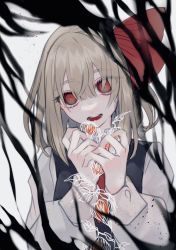 Rule 34 | 1girl, absurdres, black vest, blonde hair, chinese lantern (plant), commentary, darkness, hair ribbon, hands up, highres, katai (nekoneko0720), looking at viewer, lower teeth only, medium hair, open mouth, red eyes, red ribbon, ribbon, rumia, shirt, sleeve cuffs, solo, teeth, tongue, touhou, upper body, upper teeth only, vest, white shirt