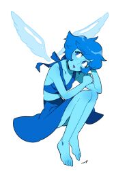 Rule 34 | 1girl, :p, barefoot, blue eyes, blue hair, blue sarong, blue skin, colored skin, crop top, highres, lapis lazuli (steven universe), liquid wings, nano8, sarong, short hair, signature, simple background, solo, steven universe, tongue, tongue out, white background