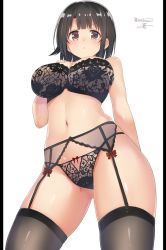 Rule 34 | &gt;:&lt;, 10s, 1girl, :&lt;, bad id, bad twitter id, black bra, black hair, black panties, black thighhighs, bow, bow panties, bra, breasts, closed mouth, contrapposto, from below, garter belt, hand on own chest, isshiki (ffmania7), kantai collection, lace, lace bra, lace panties, large breasts, lingerie, looking at viewer, looking down, midriff, navel, panties, purple eyes, red bow, short hair, simple background, solo, standing, stomach, takao (kancolle), thighhighs, underwear, v-shaped eyebrows, white background