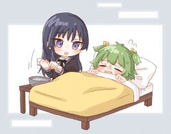 Rule 34 | 2girls, = =, antenna hair, assault lily, bed, black hair, black ribbon, blanket, blush, bowl, chibi, closed eyes, commentary, cropped jacket, fang, flying sweatdrops, green hair, grey background, hair ribbon, hands up, holding, holding towel, juliet sleeves, long hair, long sleeves, looking at another, looking to the side, lying, multiple girls, neck ribbon, nose blush, on back, on bed, open mouth, parted lips, pillow, puffy sleeves, purple eyes, raised eyebrows, ribbon, school uniform, shirai yuyu, short hair, sick, skin fang, stool, sweat, towel, two-tone background, two side up, under covers, water, white background, yellow ribbon, yoshimura thi mai, yubari lemon (lemonlilie), yurigaoka girls academy school uniform